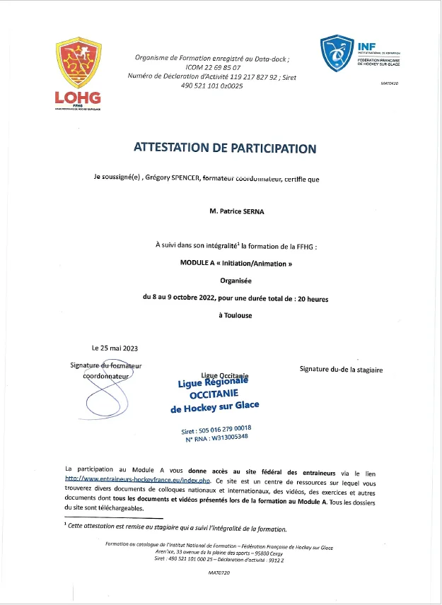 Attestation de participation de Patrice Serna au Module A Initiation Animation de la FFHG